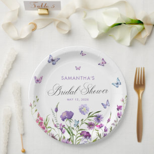 Modern Butterflies Floral Purple Bridal Shower Paper Plate