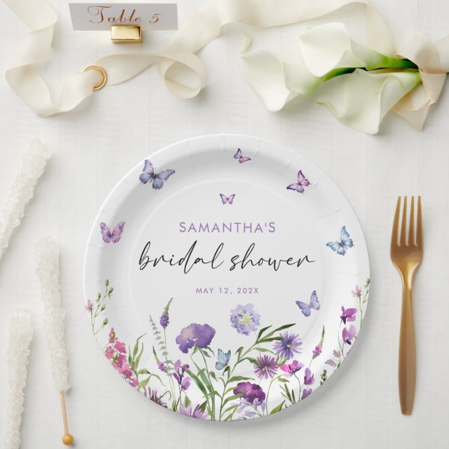 Modern Butterflies  Floral Purple Bridal Shower  Paper Plate (Wedding)