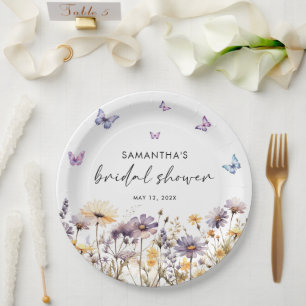 Modern Butterflies Floral Purple Bridal Shower Paper Plate