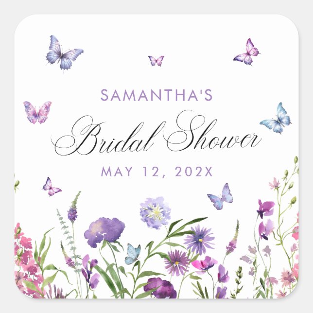 Modern Butterflies  Floral Purple Bridal Shower  Square Sticker (Front)
