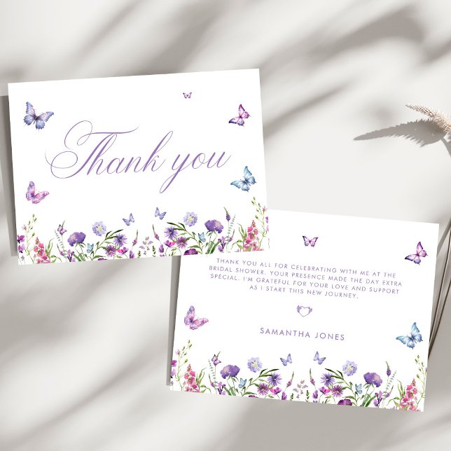 Modern Butterflies Floral Purple Bridal Shower  Thank You Card (Creator Uploaded)