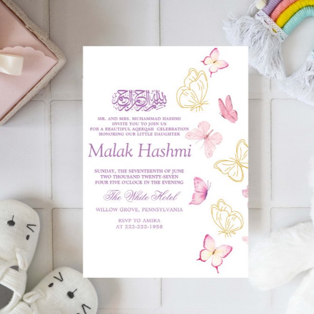 Modern Butterflies Islamic Aqiqa Aqeeqah Invitation (Creator Uploaded)