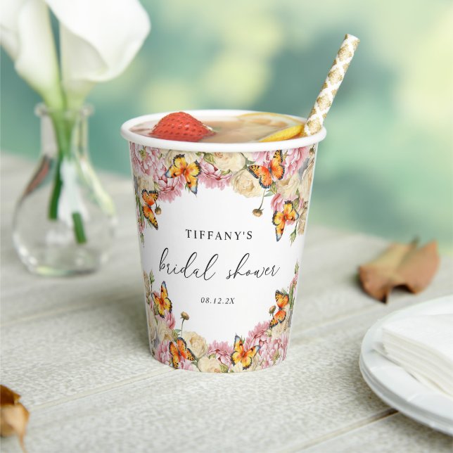 Modern Butterflies Pink Peonies Bridal Shower Paper Cups (Insitu)