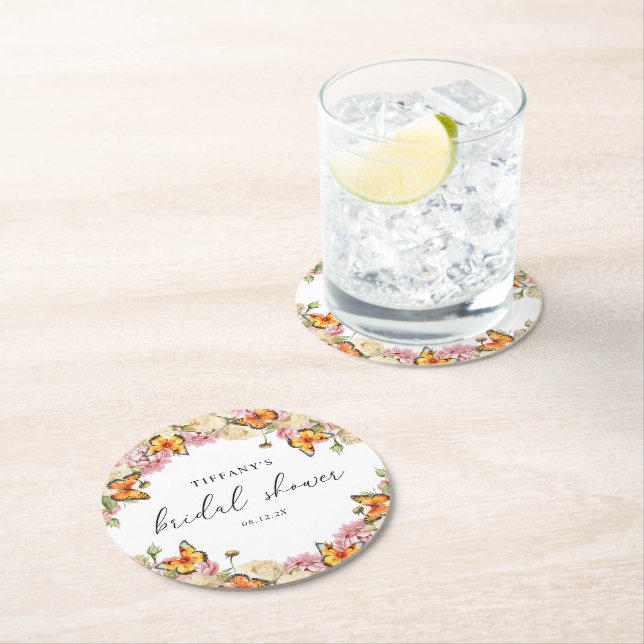 Modern Butterflies Pink Peonies Bridal Shower Round Paper Coaster (Insitu)