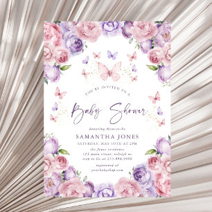 Modern Butterflies Pink Purple Baby Shower Invitation