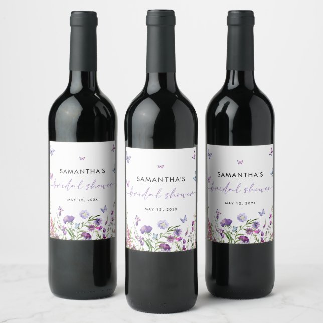 Modern Butterflies  Purple Bridal Shower  Wine Label (Bottles)