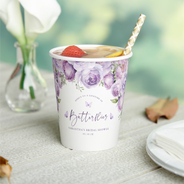 Modern Butterflies Purple Floral Bridal Shower Paper Cups (Insitu)