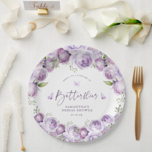 Modern Butterflies Purple Floral Bridal Shower Paper Plate