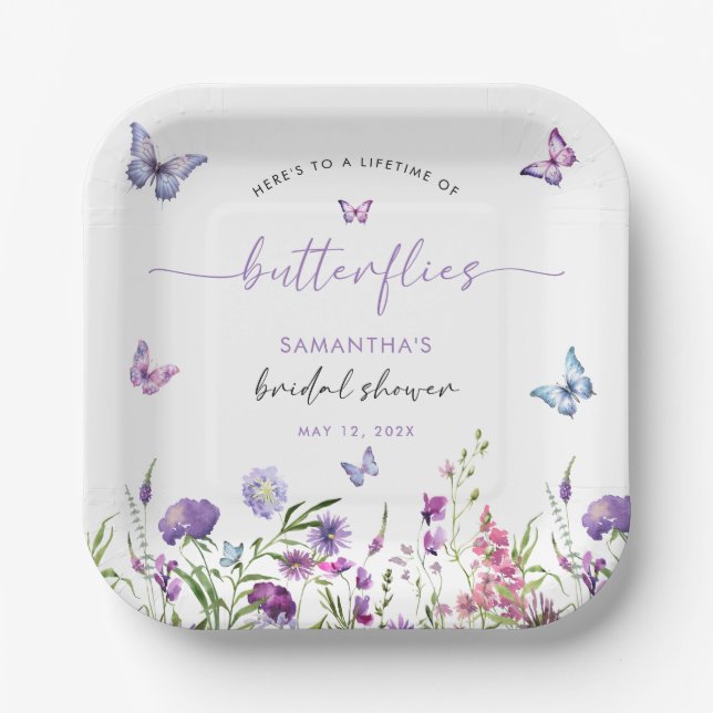 Modern Butterflies Purple Floral Bridal Shower  Paper Plate (Front)