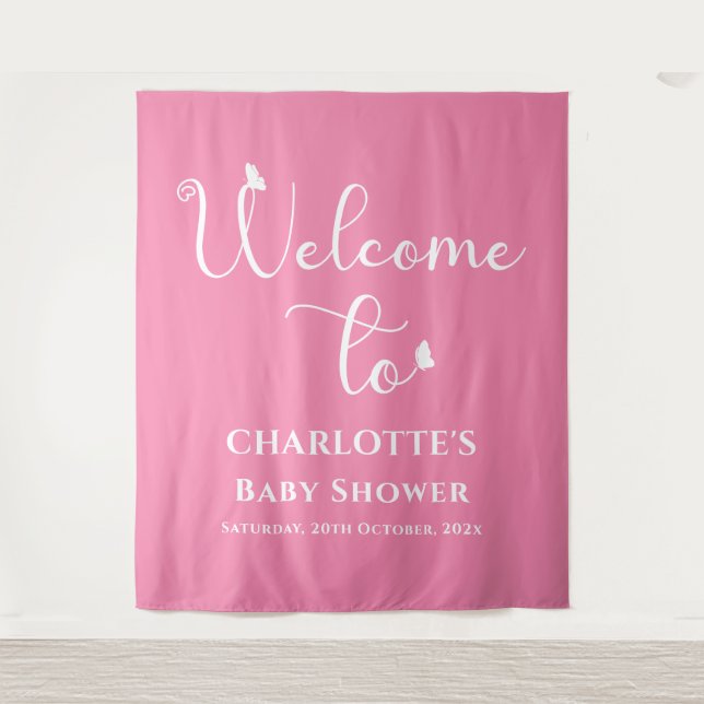 Modern Butterfly Calligraphy Baby Shower Backdrop Tapestry (Front)