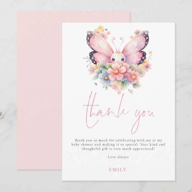 Modern Butterfly Florals Baby Shower Thank You Card (Front/Back)