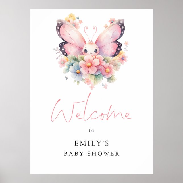 Modern Butterfly Florals Welcome Baby Shower Poster (Front)
