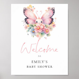 Modern Butterfly Florals Welcome Baby Shower Poster
