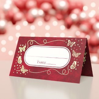 Modern Butterfly Gold Red Quinceañera 15 Years Old Place Card