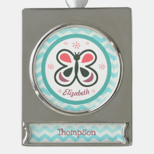 Modern Butterfly Personalised Chevron Kids Gift Silver Plated Banner Ornament