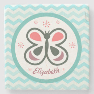 Modern Butterfly Personalised Chevron Kids Gift Stone Coaster