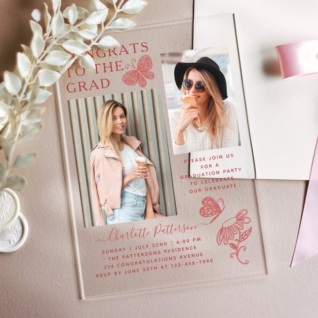 Modern Butterfly Photo Graduation Party Acrylic Invitations (Creator Uploaded)