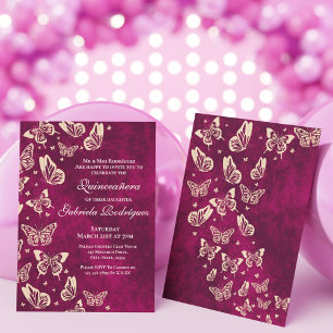 Modern Butterfly Pink Gold Quinceañera 15th Party Invitation