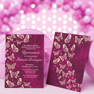 Modern Butterfly Pink Gold Quinceañera 15th Party Invitation