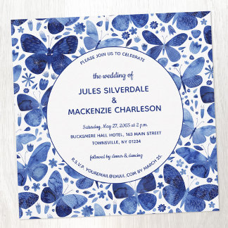 Modern Butterfly Watercolor Indigo Blue Wedding Invitation
