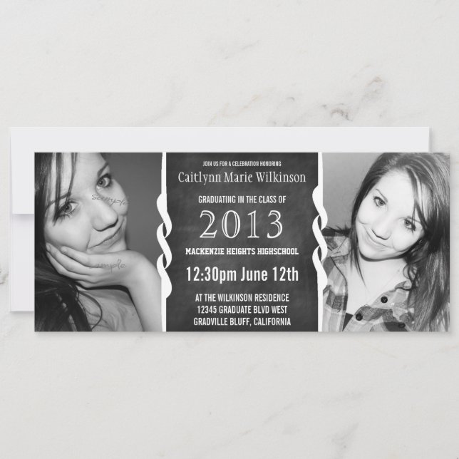 Modern BW Chalkboard 2 Photo Grad Party Invitation (Front)
