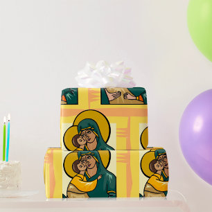 Modern Byzantine Virgin Mary and Child Religious  Wrapping Paper