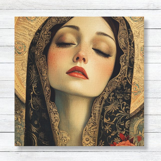 Modern Byzantine Virgin Mary Prayer Canvas Print (Modern Byzantine Young Mother Mary in Prayer - Printed Canvas Bedroom Wall Art)