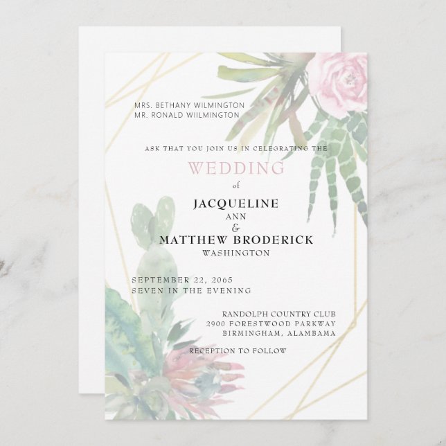 Modern Cacti Tropical Parents Wedding Matte Invitation (Front/Back)