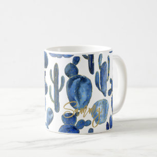 Modern Cactus Blue Gold NAME Chic Desert Coffee Mug