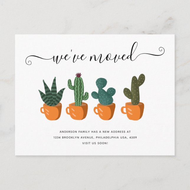 Modern Cactus Calligraphy We've Moved New Home Announcement Postcard (Front)