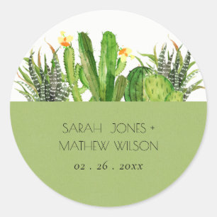 MODERN CACTUS FLORAL GARDEN WATERCOLOR WEDDING CLASSIC ROUND STICKER