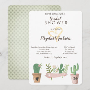 Modern Cactus Flower Gold Heart  Bridal Shower Invitation