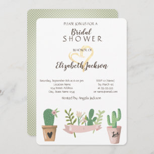 Modern Cactus Flower Gold Heart  Bridal Shower Invitation