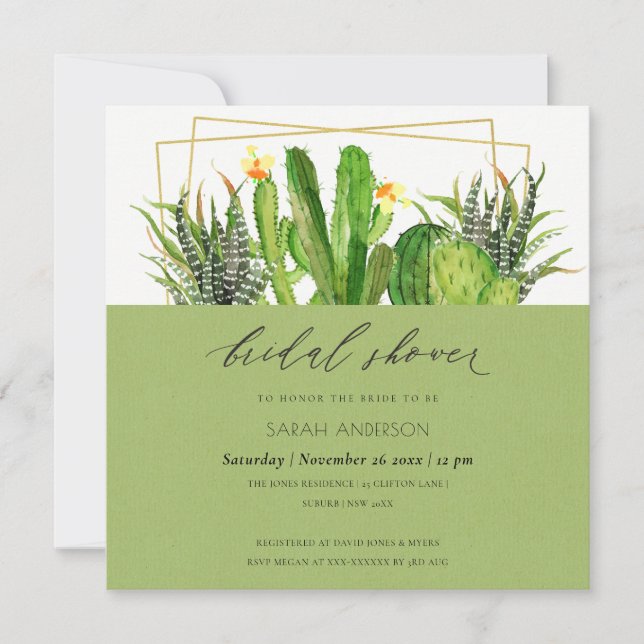 MODERN CACTUS GARDEN WATERCOLOR BRIDAL SHOWER INVITATION (Front)