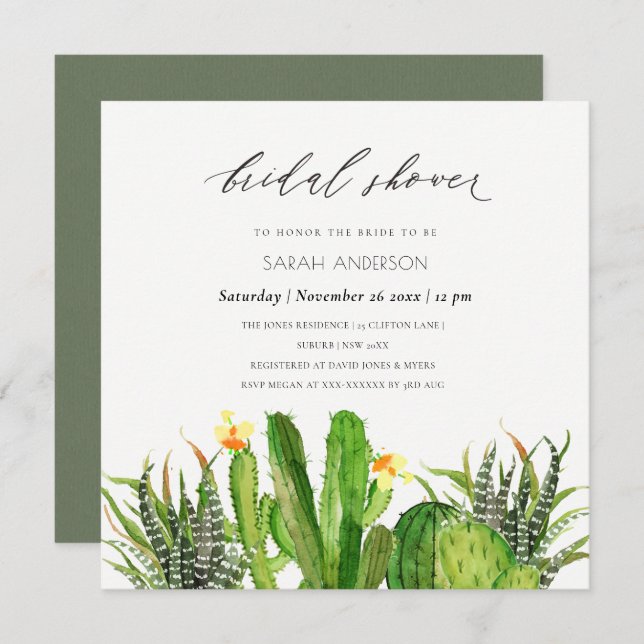 MODERN CACTUS GARDEN WATERCOLOR BRIDAL SHOWER INVITATION (Front/Back)