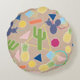 Modern cactus geometric Memphis inspired pattern Round Cushion
