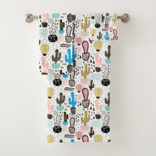 Modern Cactus Geometric Pattern Bath Towel Set