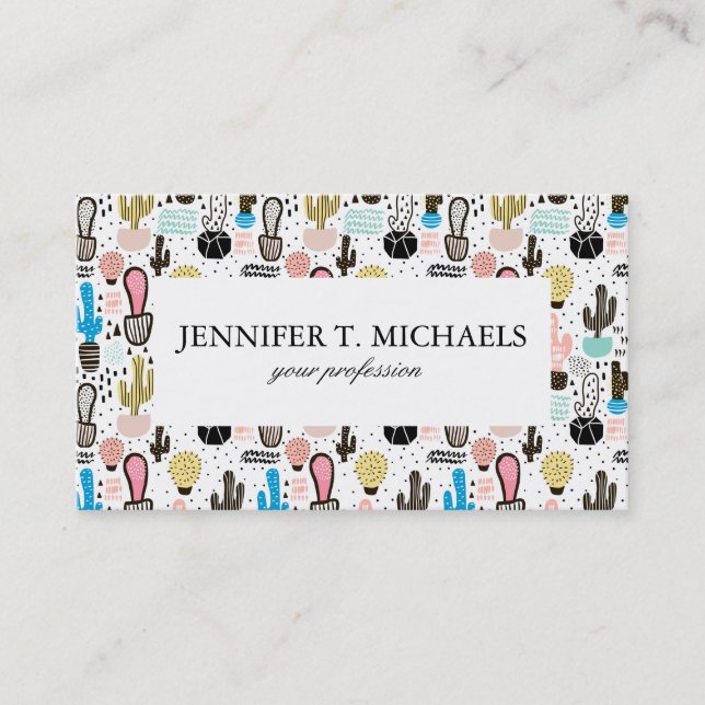 Modern Cactus Geometric Pattern Business Card (Front)