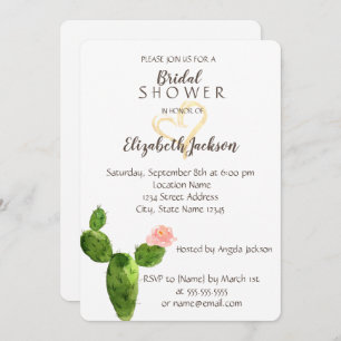 Modern Cactus Gold Glitter Heart Bridal Shower Invitation