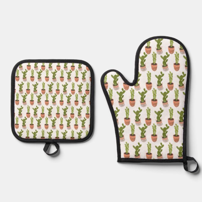 Modern Cactus Houseplants Hand Drawn Design Oven Mitt & Pot Holder Set (Front)