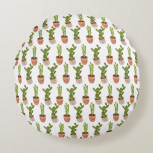 Modern Cactus Houseplants Hand Drawn Design Round Cushion