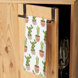 Modern Cactus Houseplants Hand Drawn Design Tea Towel