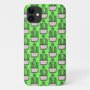 Modern Cactus Pink Pot Pattern on Green iPhone 11 Case