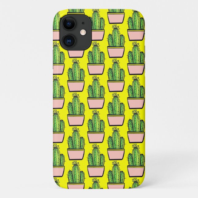 Modern Cactus Pink Pot Pattern on Yellow Case-Mate iPhone Case (Back)