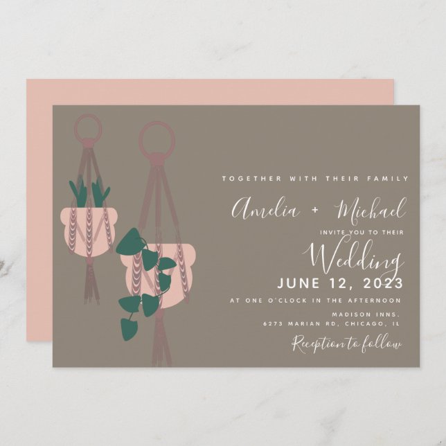 Modern Cactus Plants Macrame Botanical Wedding Invitation (Front/Back)