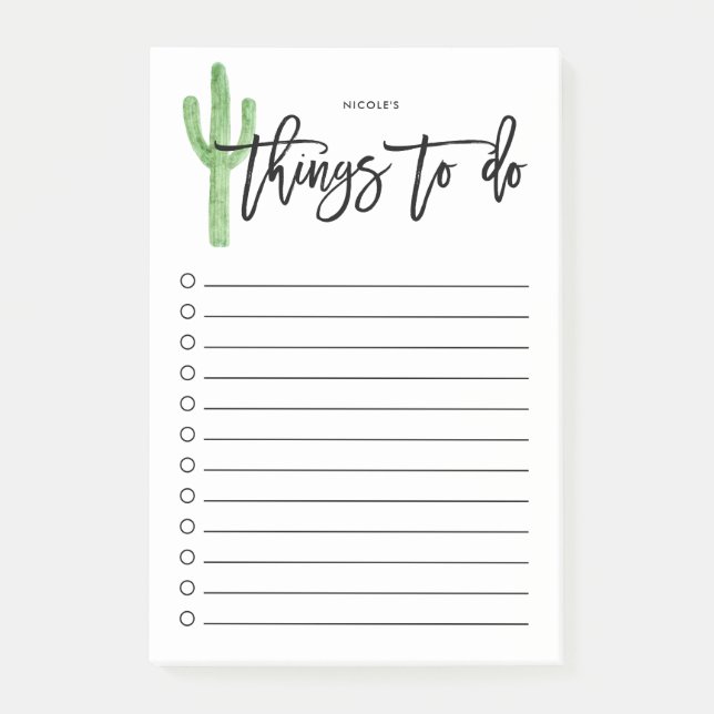 Modern Cactus Script Personalised To Do List Post-it Notes (Front)