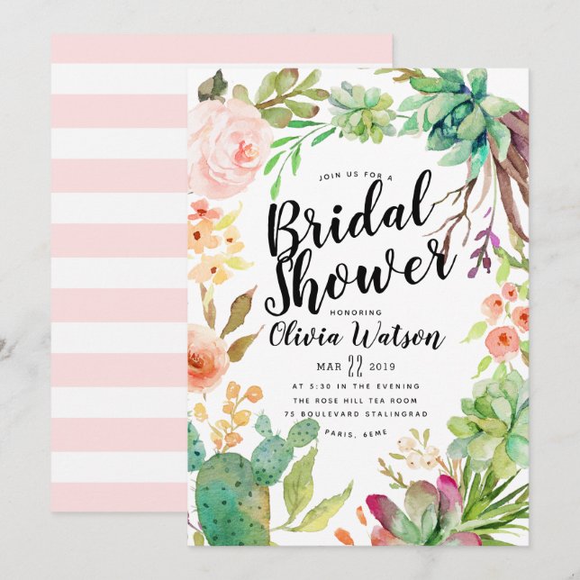 Modern Cactus Succulent Floral Bridal Shower Invitation (Front/Back)