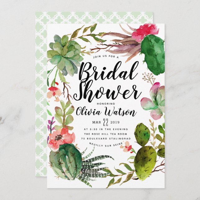 Modern Cactus Succulent Floral Bridal Shower Invitation (Front/Back)