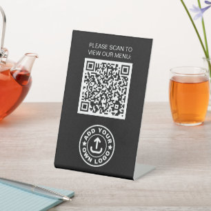 Modern Cafe Contactless Menu Black QR Code Logo Pedestal Sign