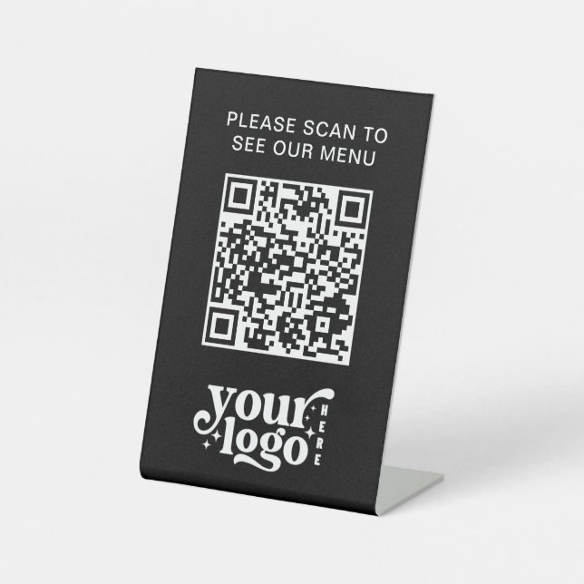 Modern Cafe QR Code Black Menu Logo Contactless Pedestal Sign (Front)